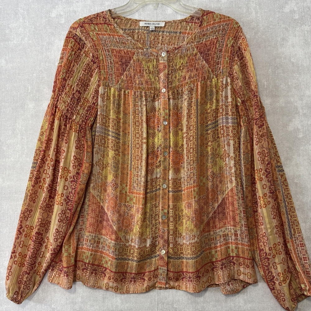 Rose+Olive Blouse Womens Large Multicolor‎ Geometric Button Front Boho Tunic